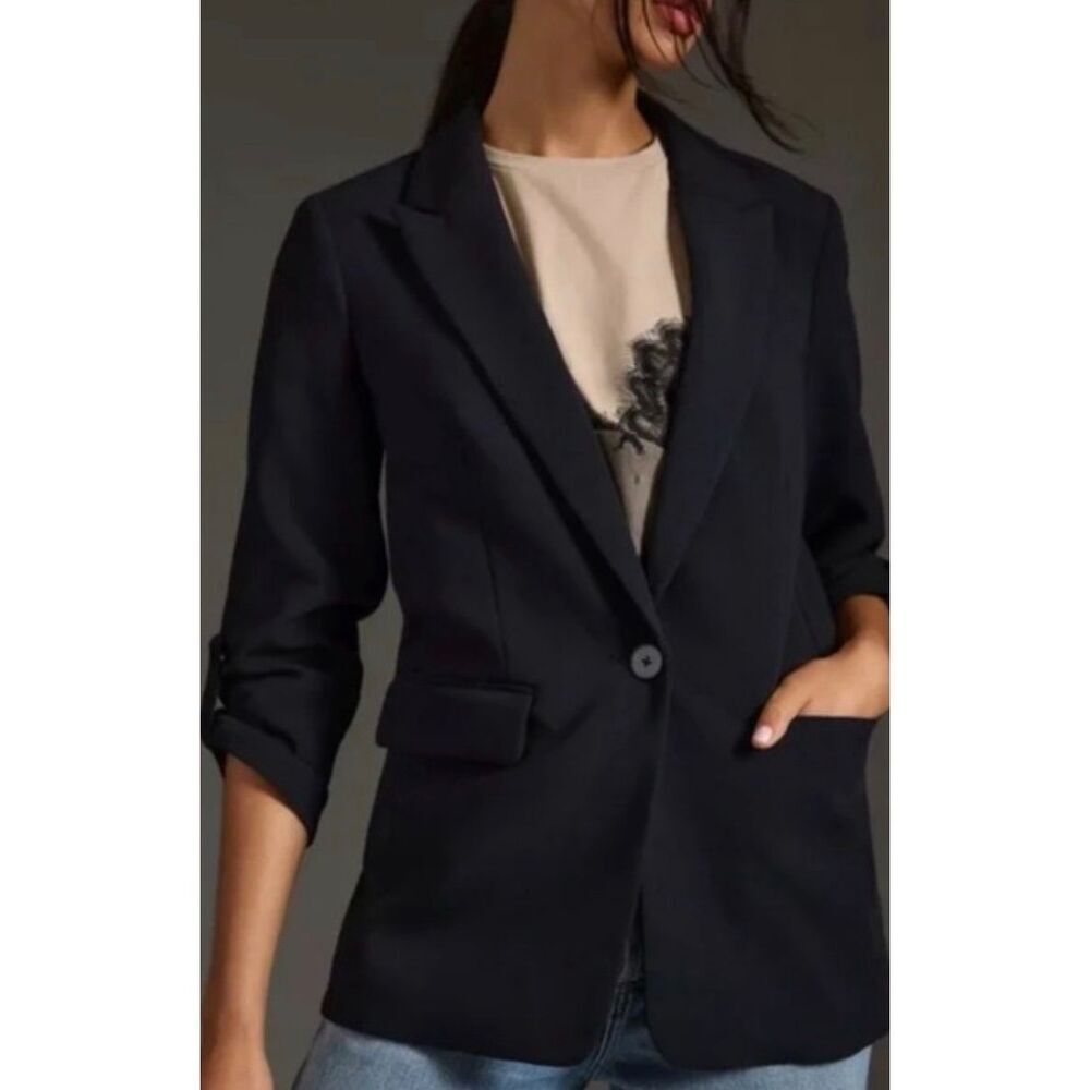 Anthropologie Maeve Blazer Jacket Roll Sleeve Career Preppy Black size 6
